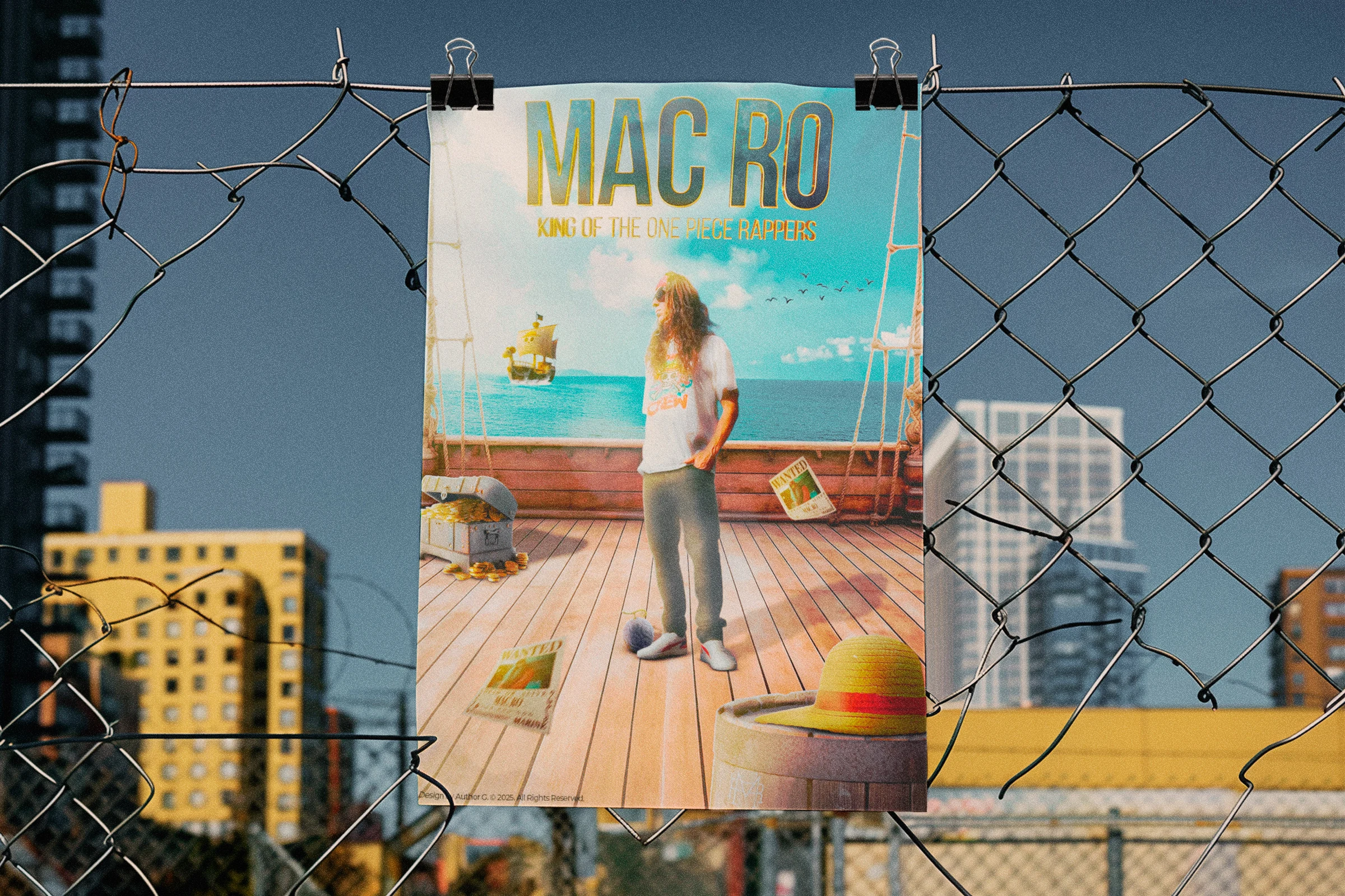 Mac Ro - One Piece Themed Poster — Mac Ro poster in an outdoor mockup